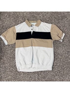 Land To Air Vintage Colorblock Polo Shirt Tan Black White Y2K L